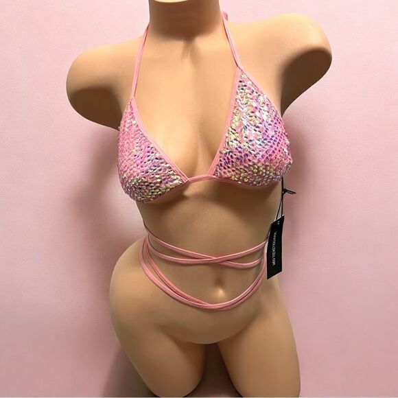 Club Exx x Dolls Kill triangle bikini top coral stretch sparkle festival szL - Picture 1 of 15